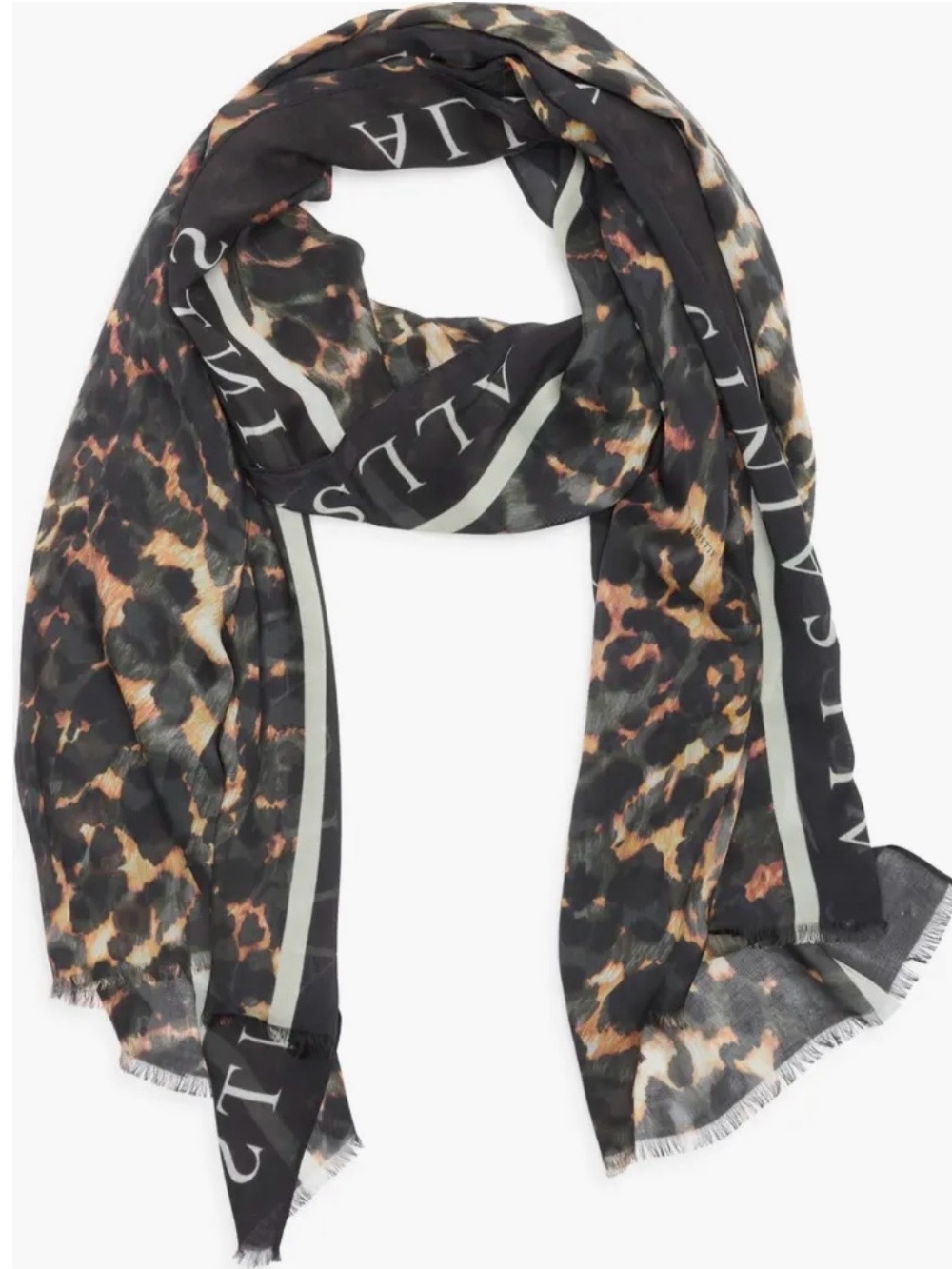 AllSaints Leopard Print Logo Scarf in Black, Brown and Tan 74x24 in